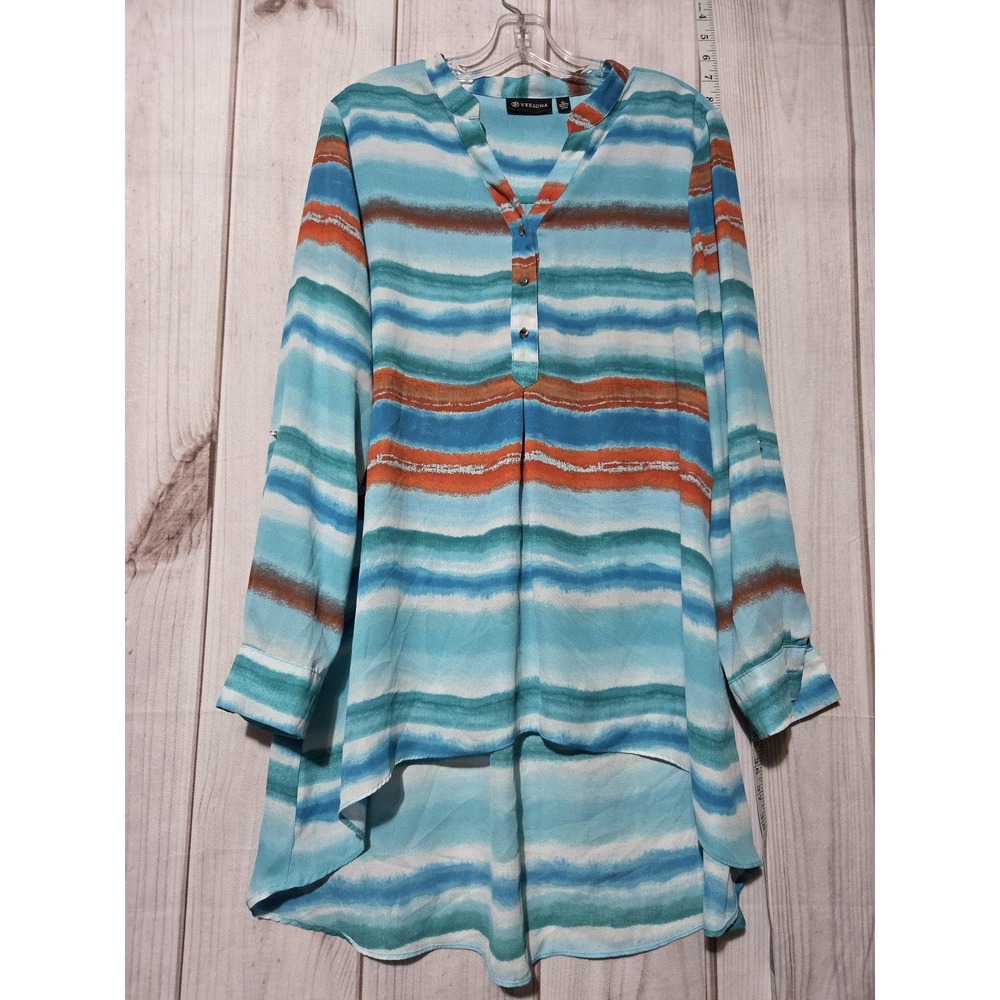 Versona Blouse Womens XL Watercolor Stripe Tunic High Low Henley Long Sleeve